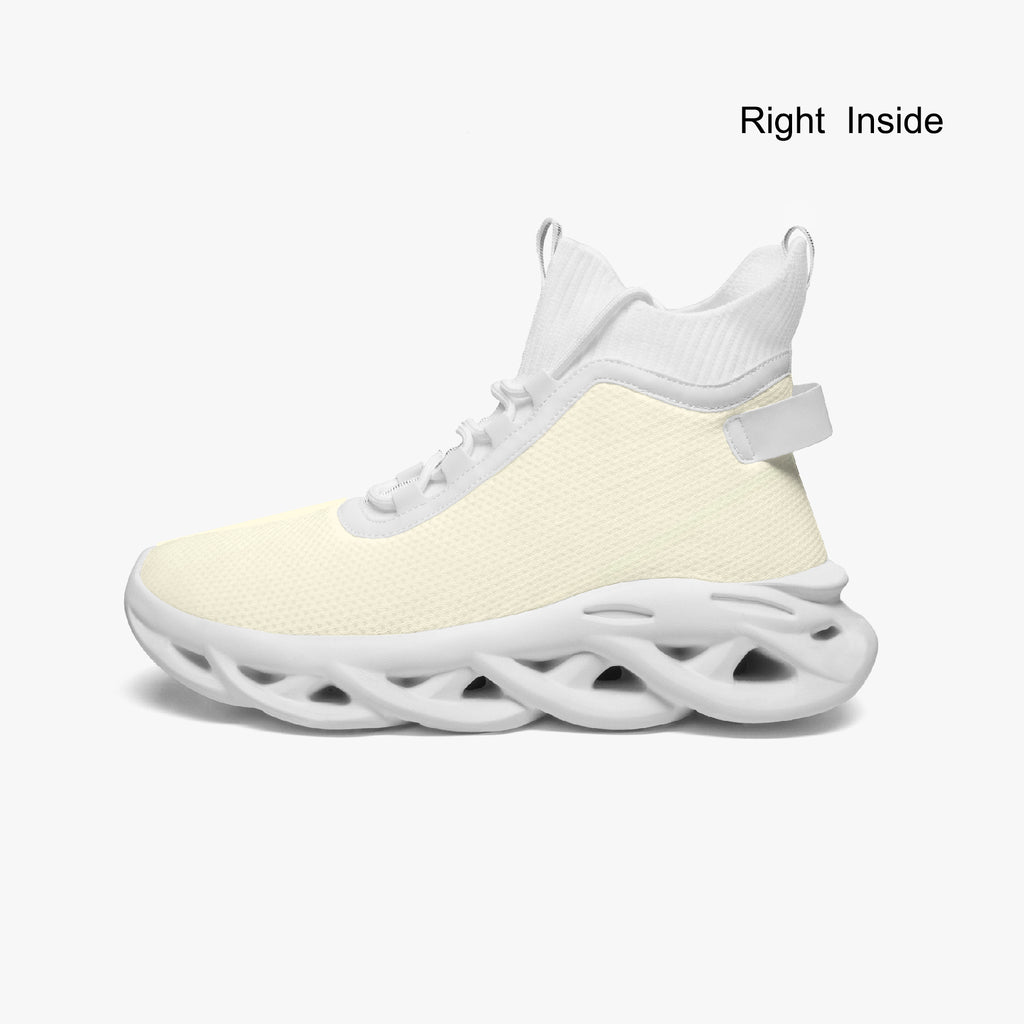 White high-top knit sneakers with textured mesh upper and sculpted cushioned sole.