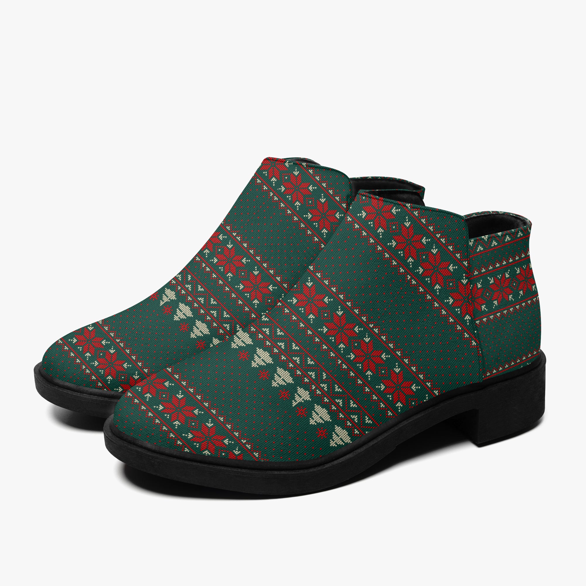 Green, red, and cream festive Christmas sweater ankle boots with chunky black heel and zipper closure.