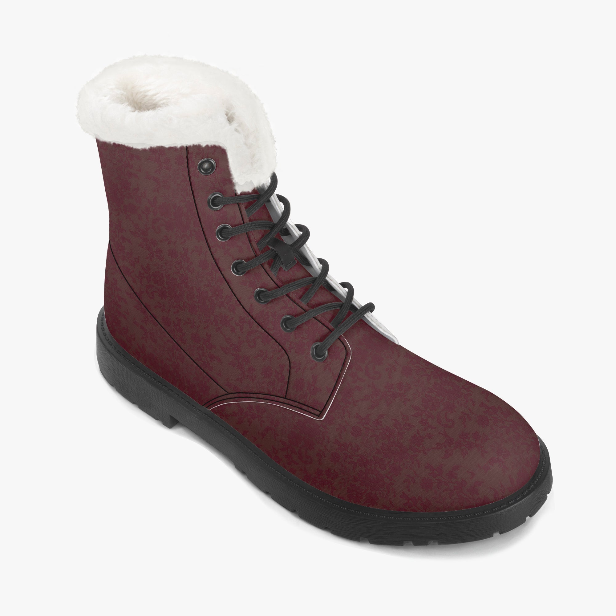 Burgundy velvet damask lace-up boots with black soles and plush white faux fur collar.