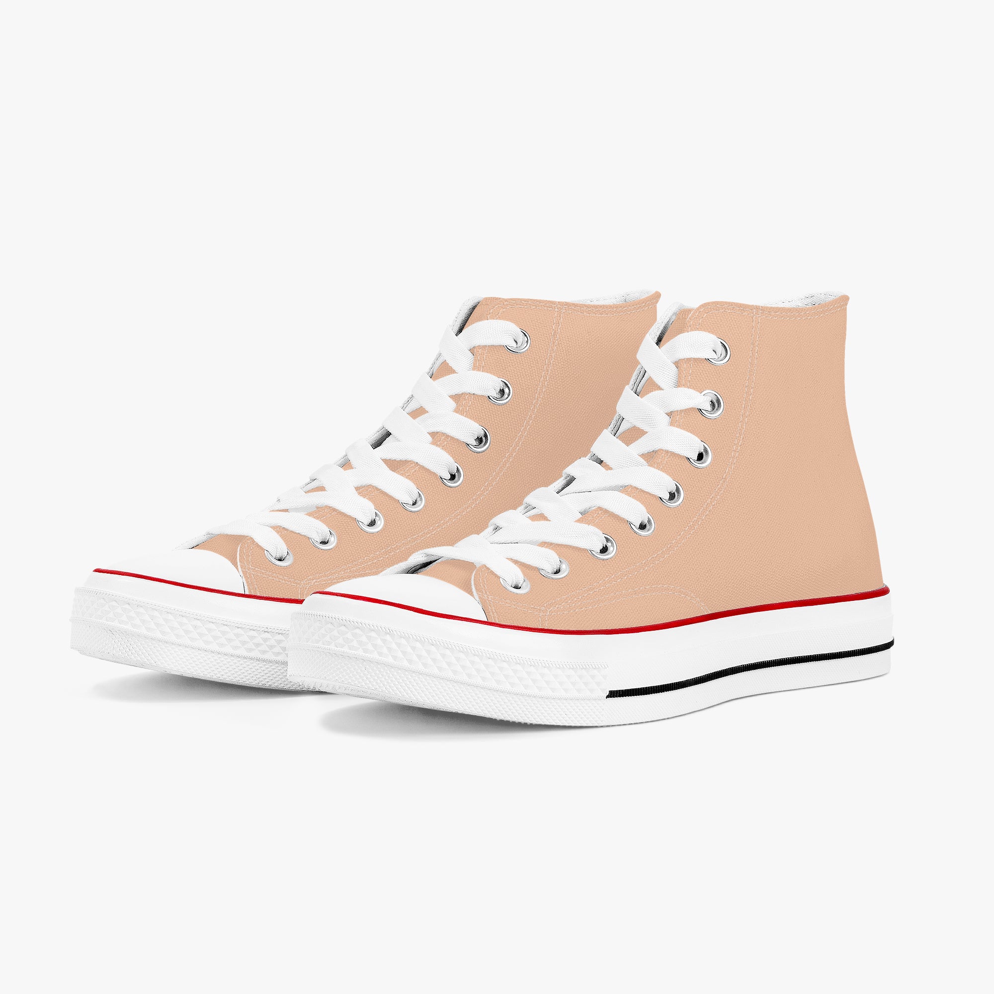 Peach high-top canvas sneakers with white laces and red trim on white rubber sole.