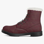 Burgundy velvet lace-up boot with damask texture and white plush faux fur collar.