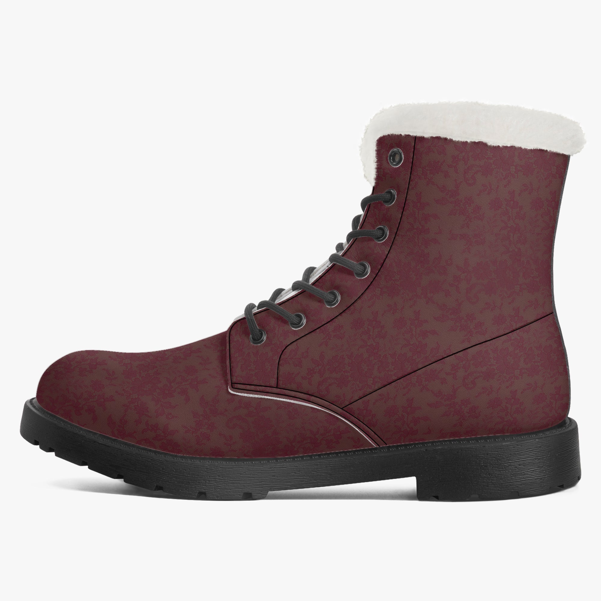 Burgundy velvet lace-up boot with damask texture and white plush faux fur collar.
