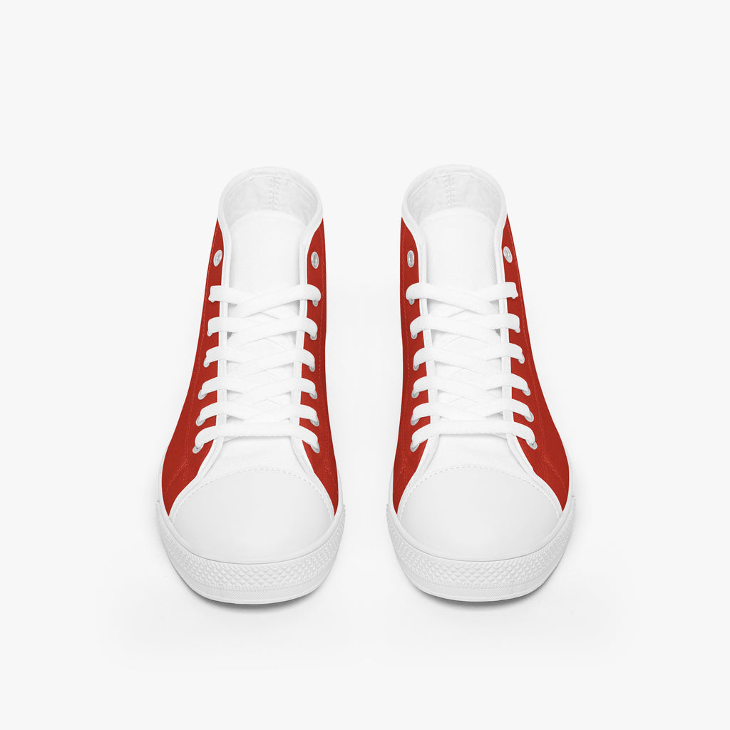 Bold red high-top canvas sneakers with white toe caps, laces, and rubber soles.