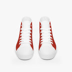 Bold red high-top canvas sneakers with white toe caps, laces, and rubber soles.