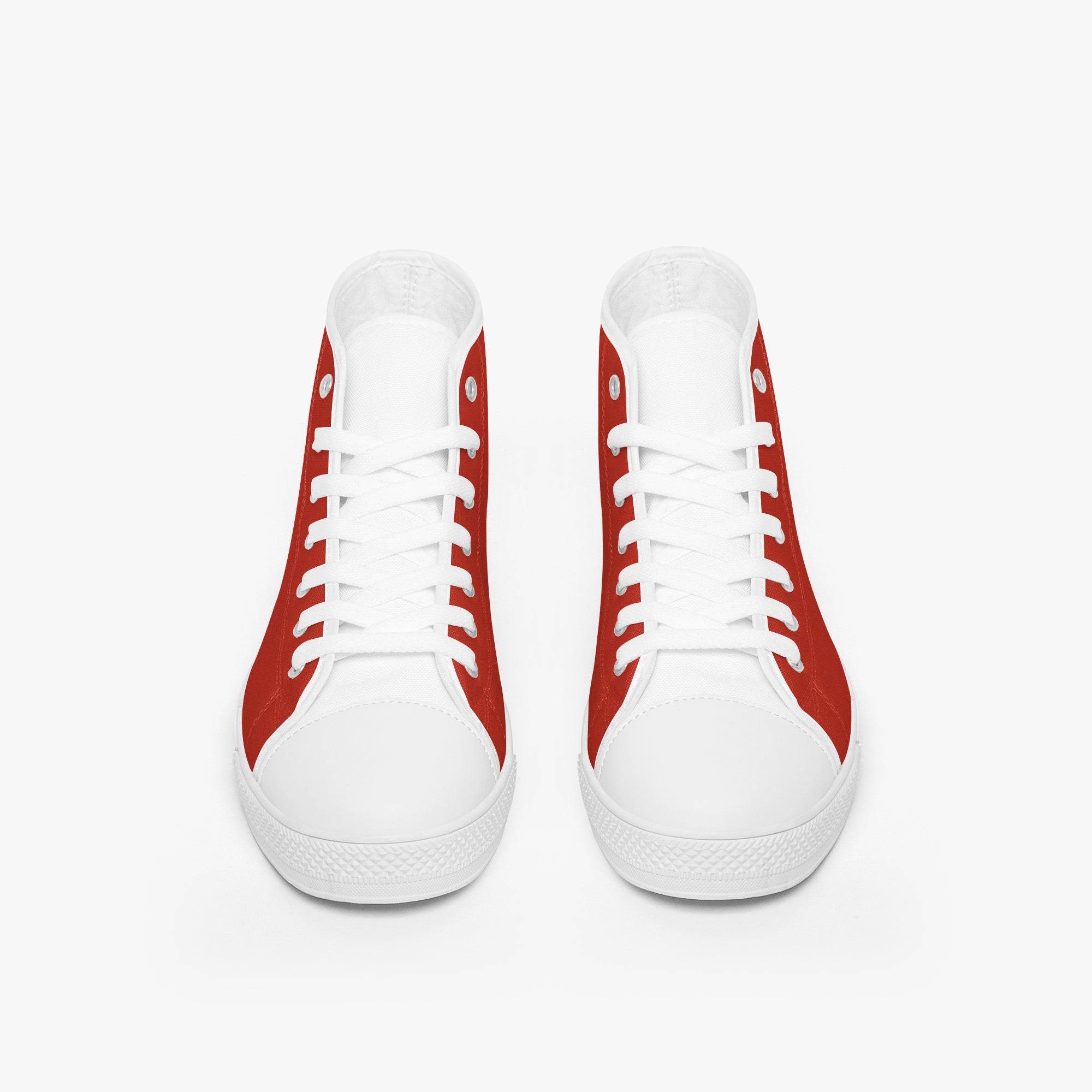 Bold red high-top canvas sneakers with white toe caps, laces, and rubber soles.