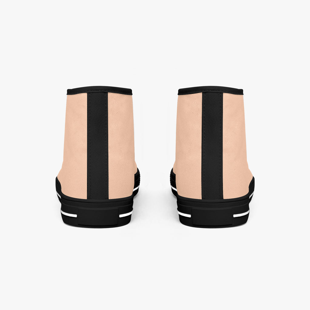 Peach and white high-top canvas sneakers with black vertical stripe and black sole, rear view.