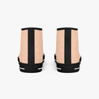Peach and white high-top canvas sneakers with black vertical stripe and black sole, rear view.