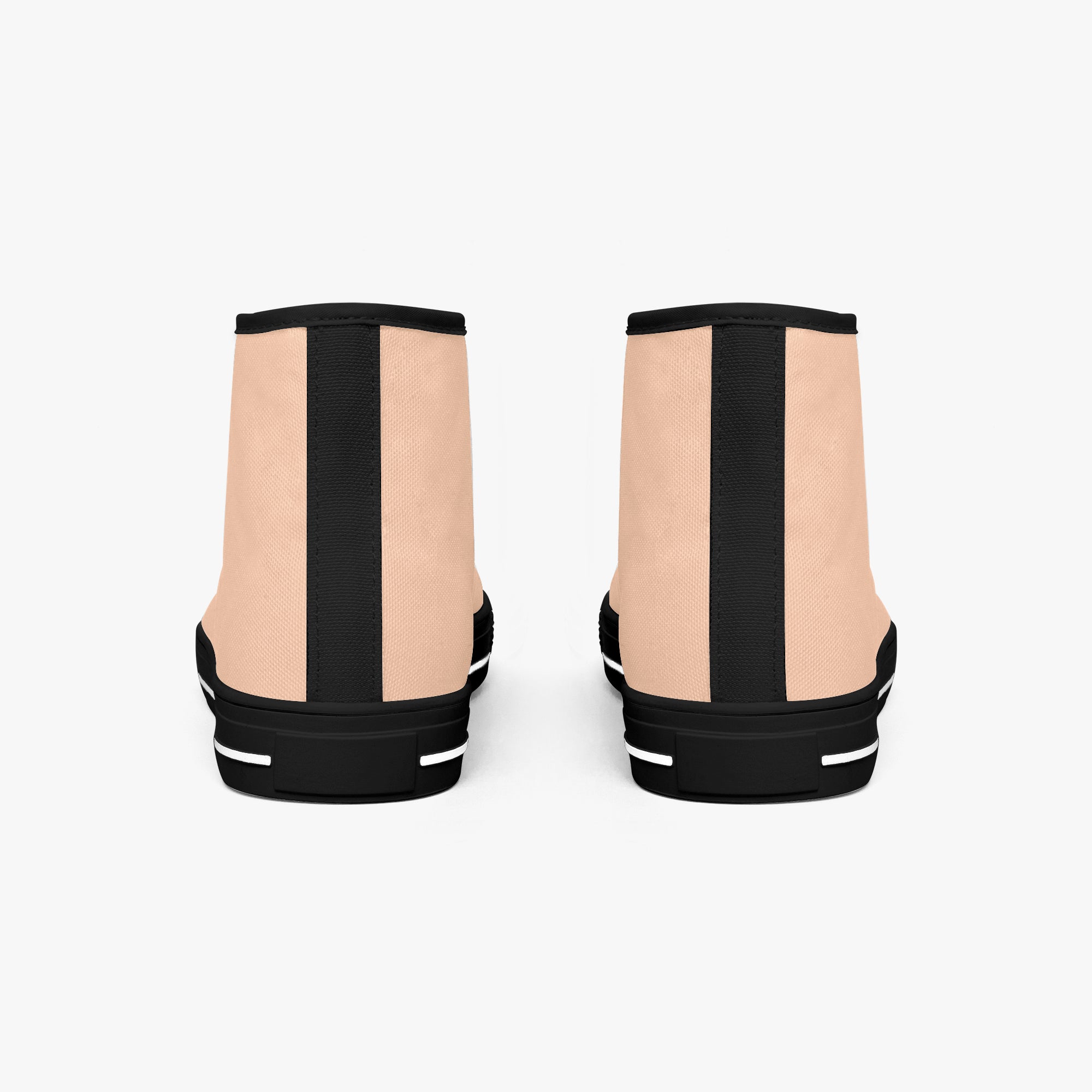 Peach and white high-top canvas sneakers with black vertical stripe and black sole, rear view.