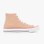 Peach high-top canvas sneaker with white laces, red trim, and white rubber sole.