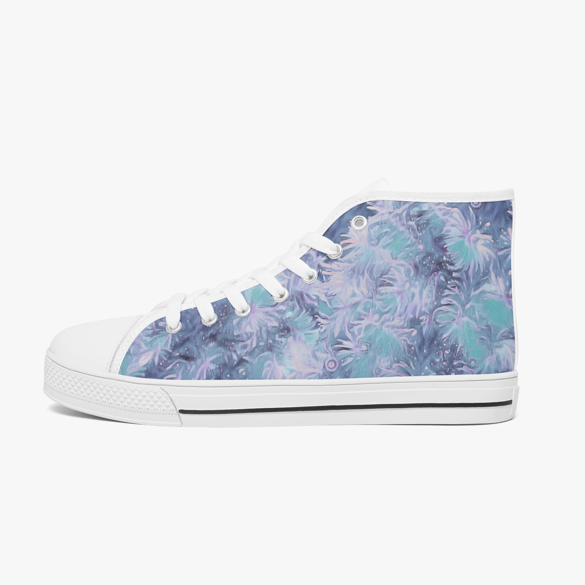 White high-top sneakers with blue and purple floral pattern, white laces, and rubber sole.