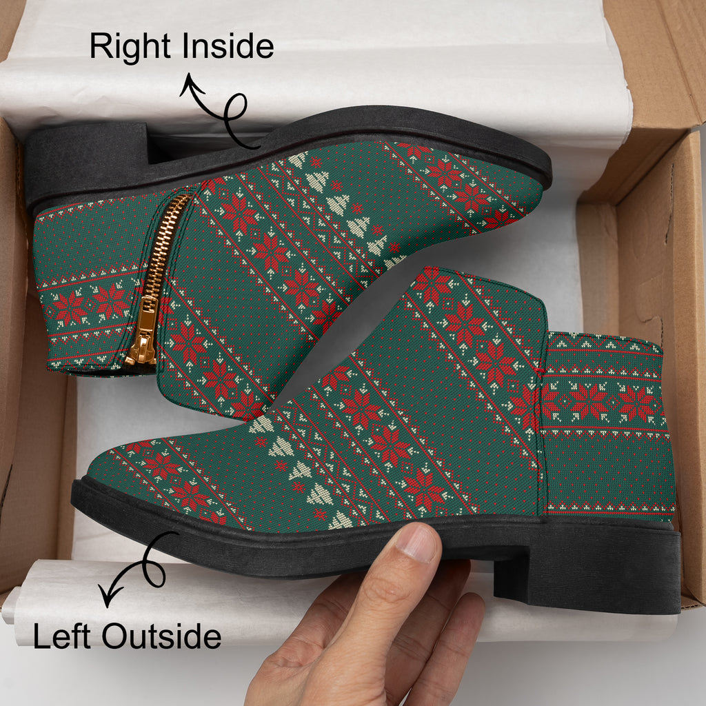 Green, red, and cream Christmas sweater ankle boots with chunky black heel and side zipper.