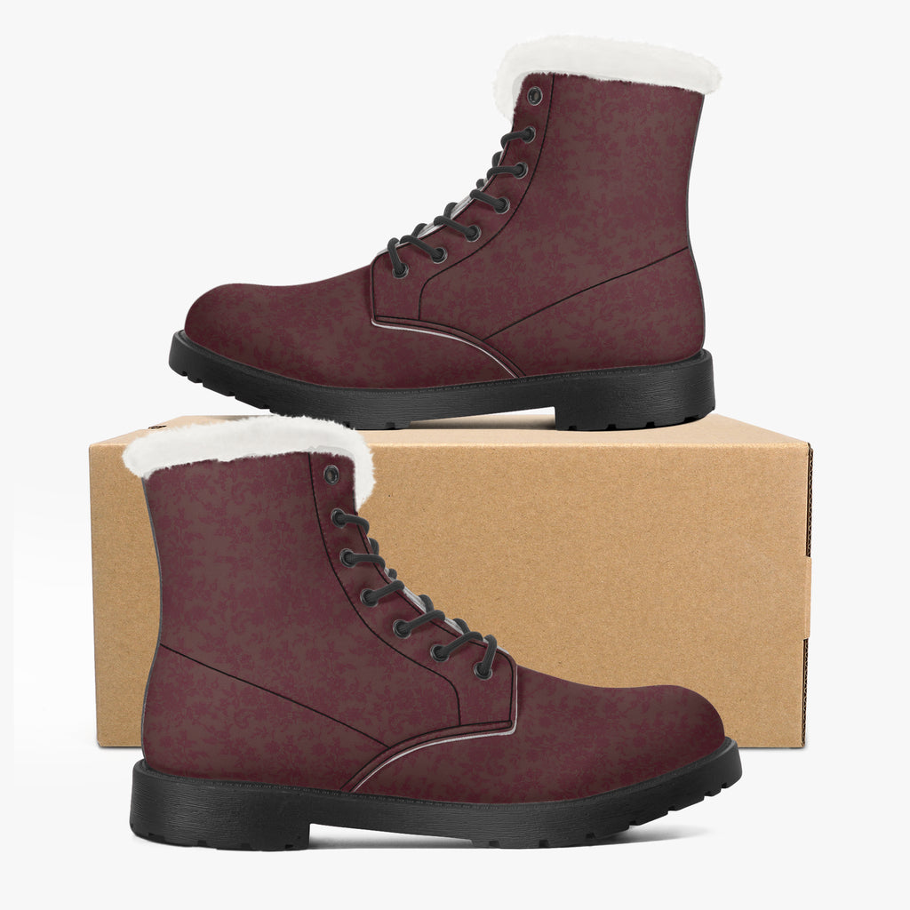 Burgundy velvet lace-up winter boots with black soles and white plush faux fur collars.