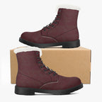 Burgundy velvet lace-up winter boots with black soles and white plush faux fur collars.