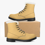 Sunny mustard lace-up leather boots with black soles and plush white faux fur collars.
