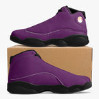 High-top purple leather basketball sneakers with black soles and subtle stitching details on a cardboard box.