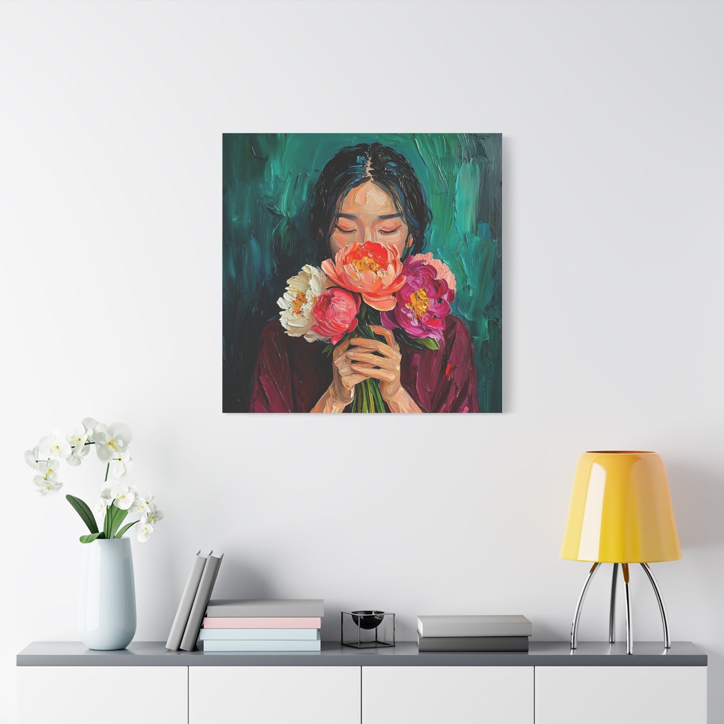 Floral Canvas Art Print, Original Flower Painting, Home Decor, Gift for Art Lovers, Woman with Flowers Wall Art
