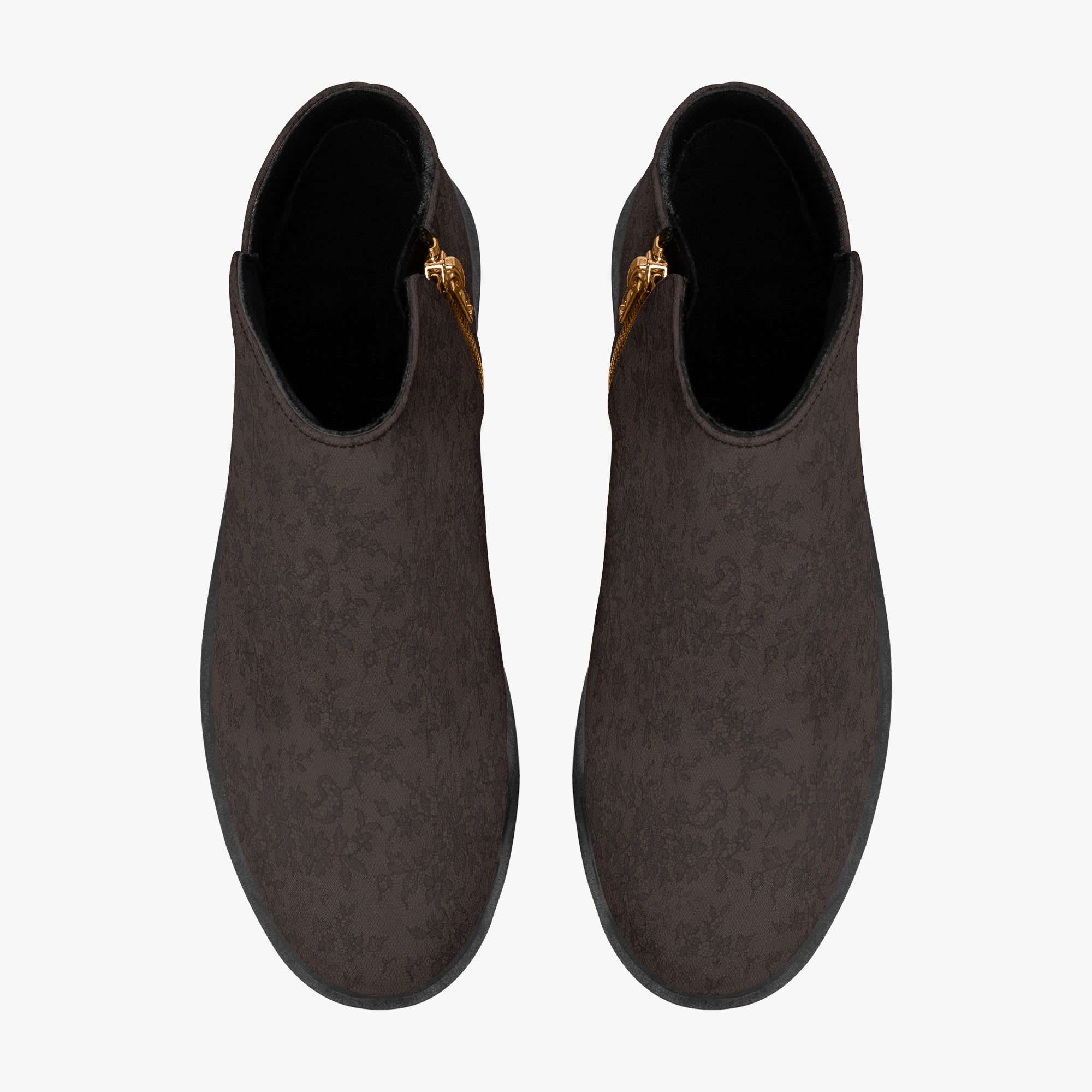 Dark brown floral lace ankle boots with chunky black heels and gold side zippers, top view.