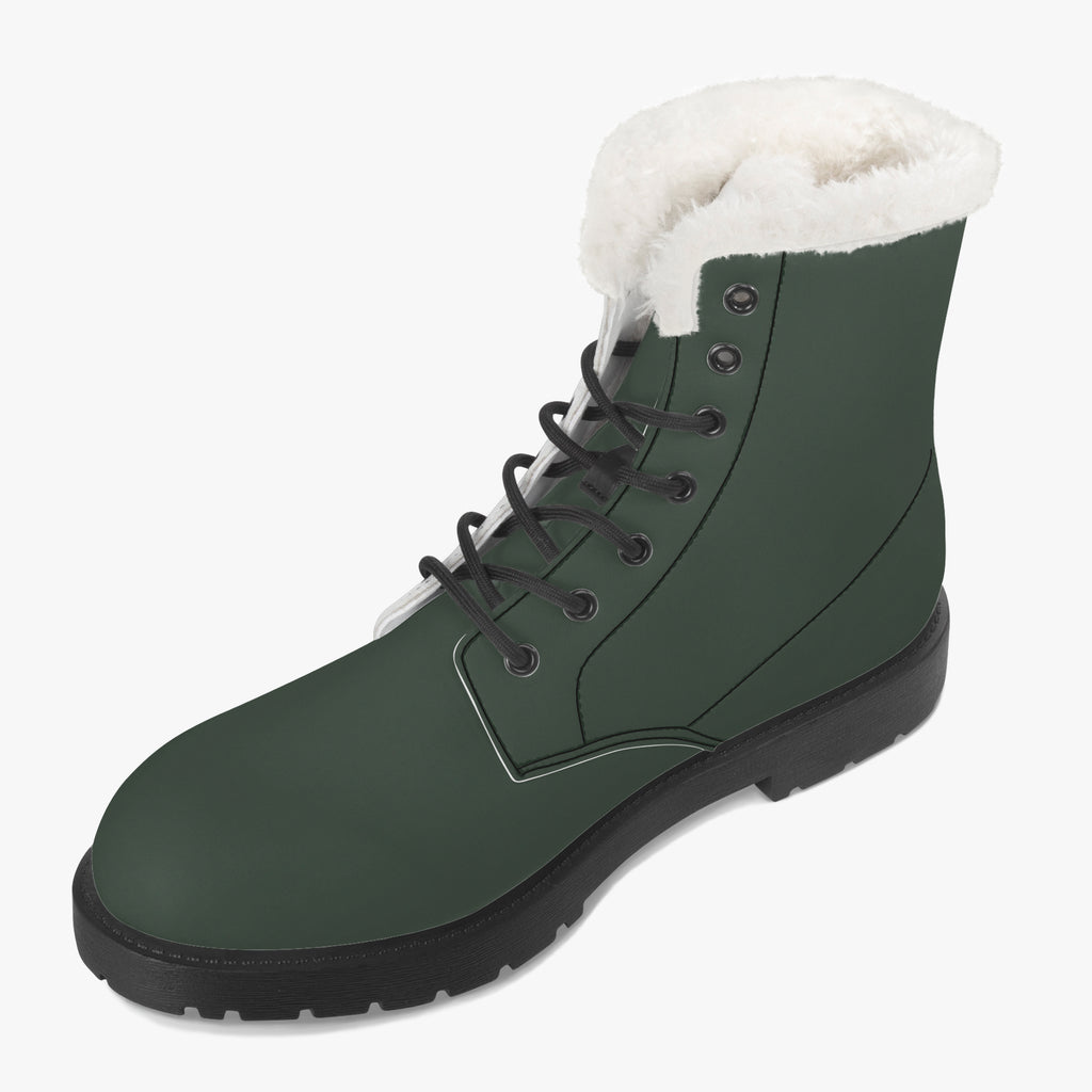 Forest green leather lace-up winter boot with plush white faux fur collar and black sole.