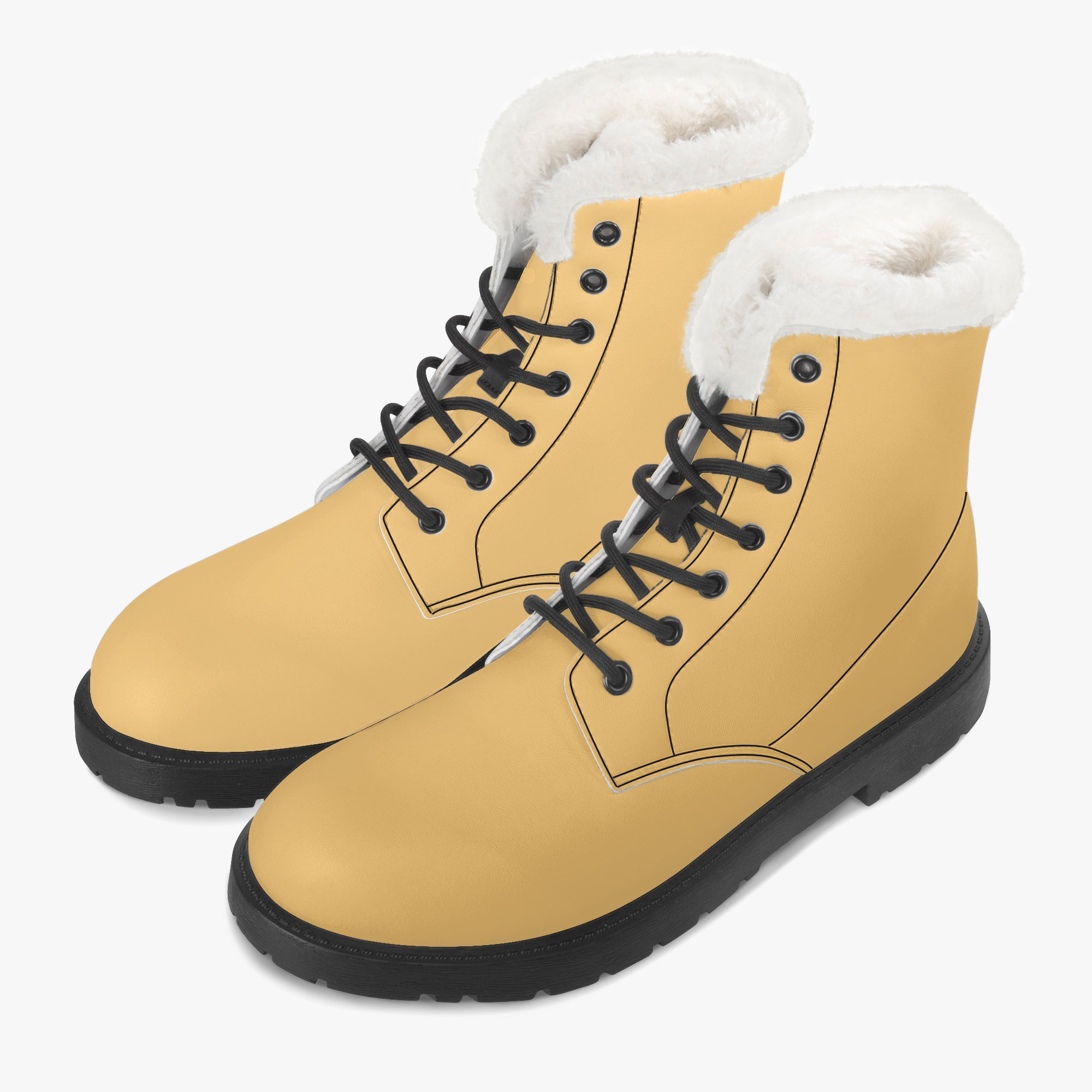 Sunny mustard lace-up winter boots with white plush faux fur collar and black soles.