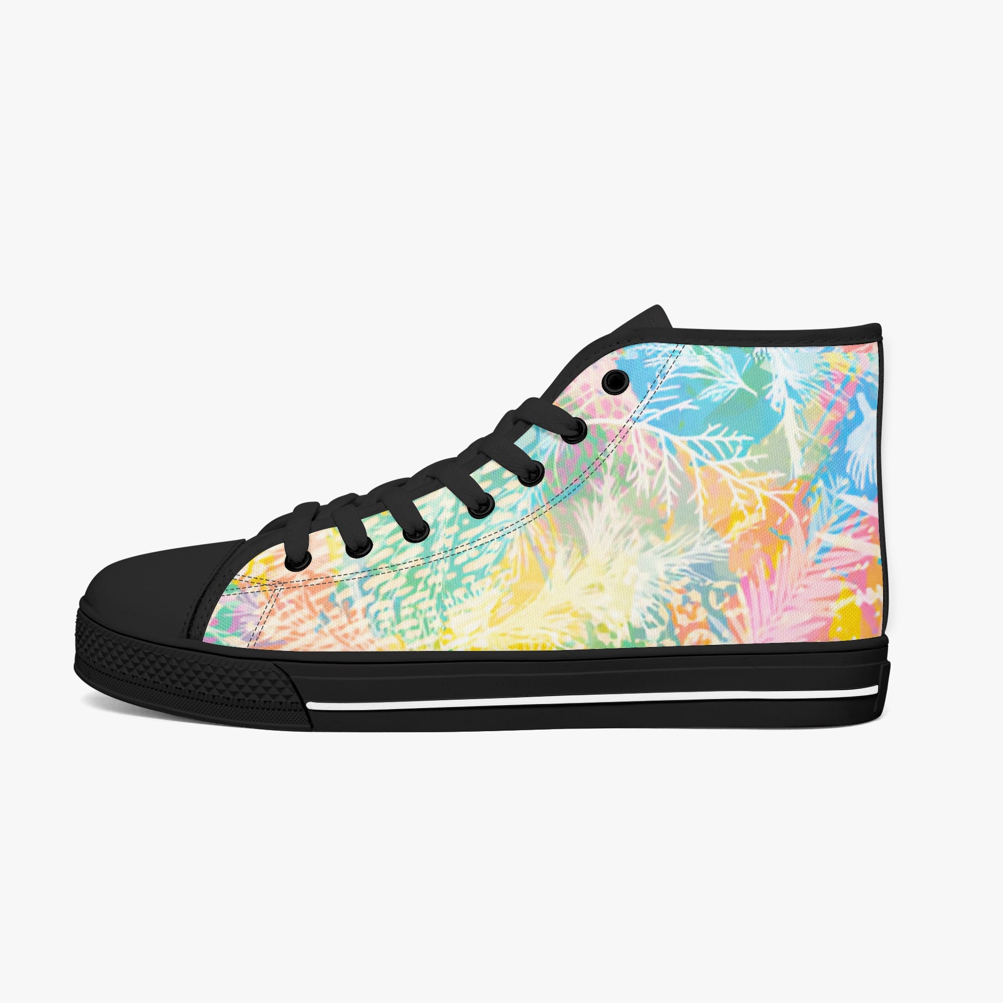 White high-top sneaker with black sole, black laces, and colorful rainbow palm leaf pattern on the sides.