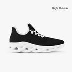 Black speckled knit sneaker with white chunky outsole and lace-up design.