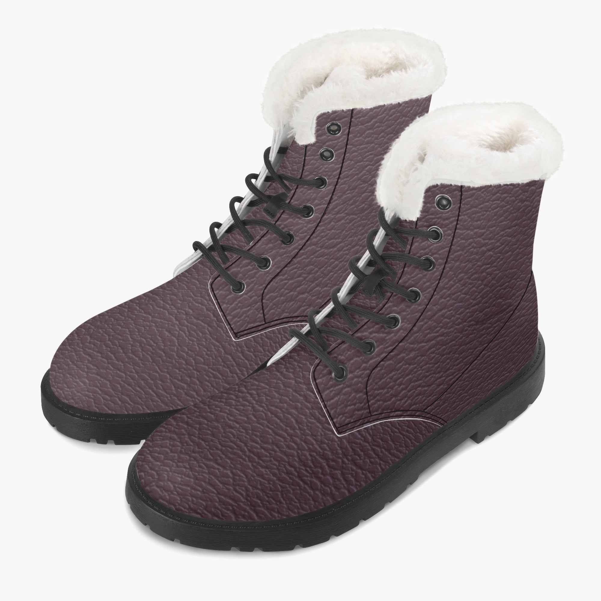 Plum pebbled leather lace-up boots with white faux fur collar and black rubber sole.