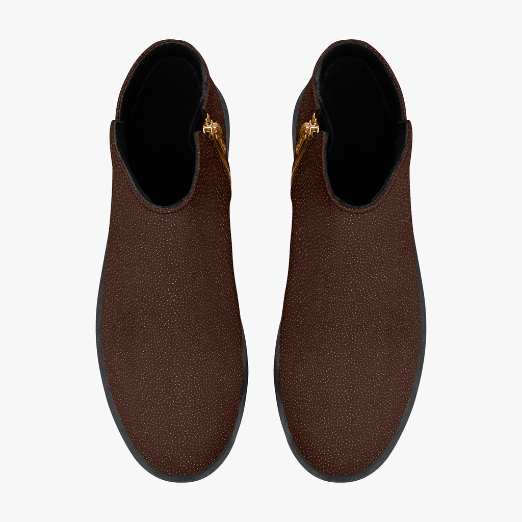 Chocolate brown ankle boots with micro-polka dot pattern and chunky black heels, gold side zipper visible from top view.