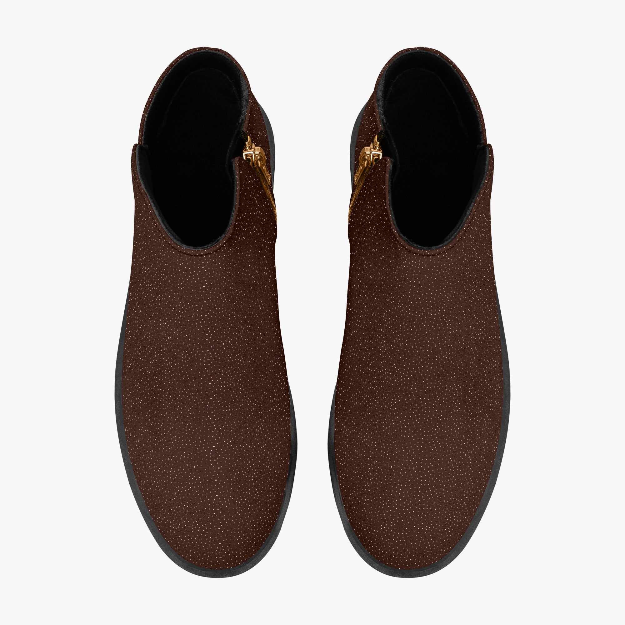 Chocolate brown ankle boots with micro-polka dot pattern and chunky black heels, gold side zipper visible from top view.