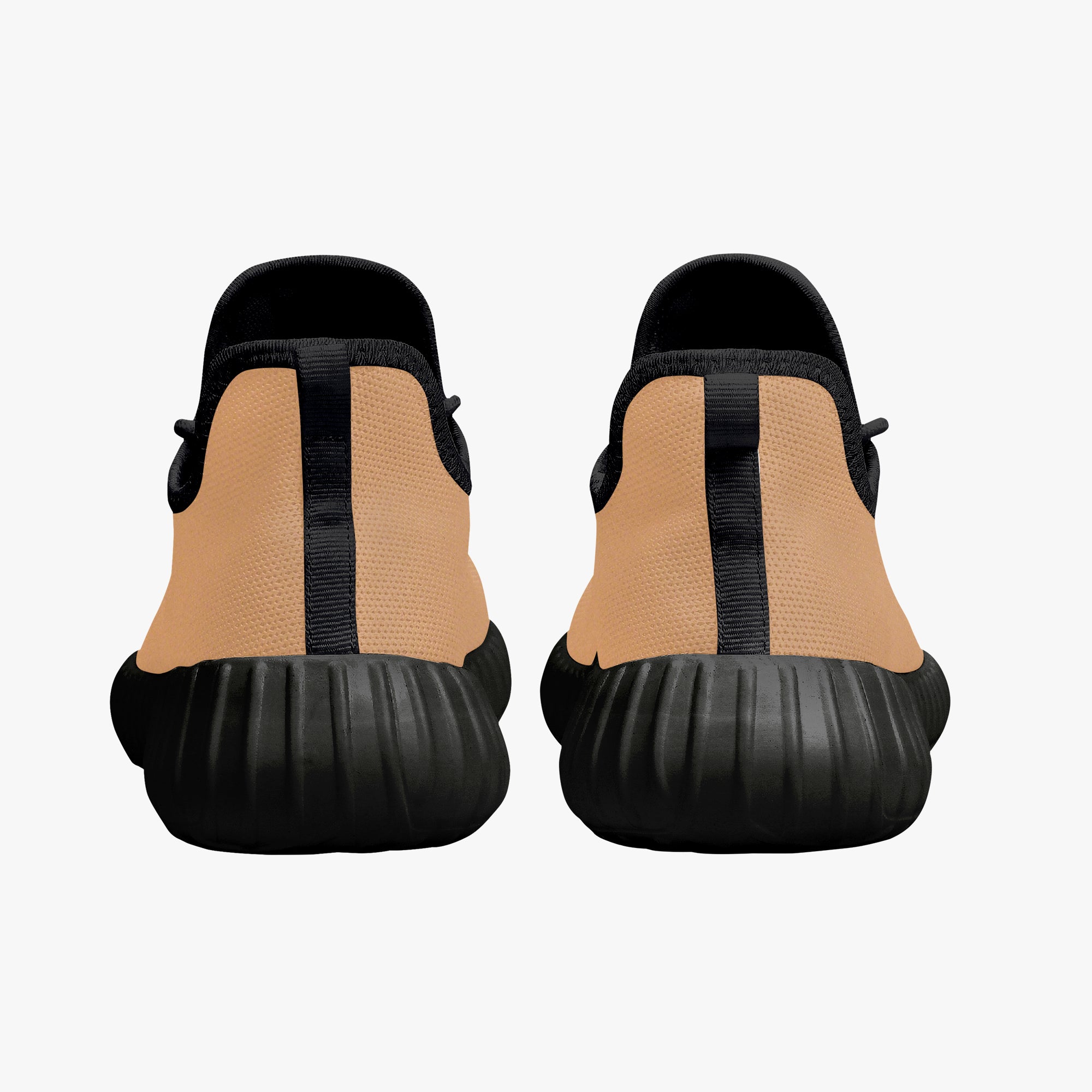 Beige knit low-top sneakers with black heel tab and textured black sole, rear view.