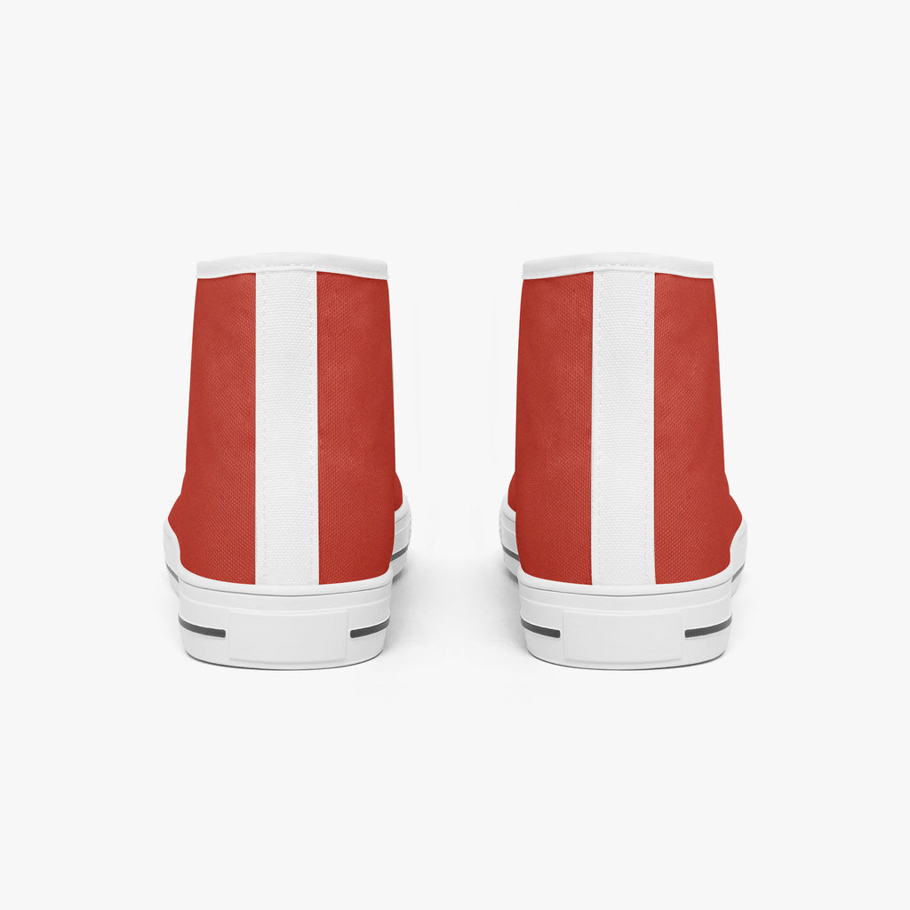 Red high-top canvas sneakers with white vertical stripe and white rubber sole, viewed from back.