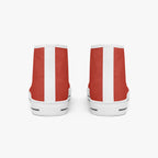 Red high-top canvas sneakers with white vertical stripe and white rubber sole, viewed from back.
