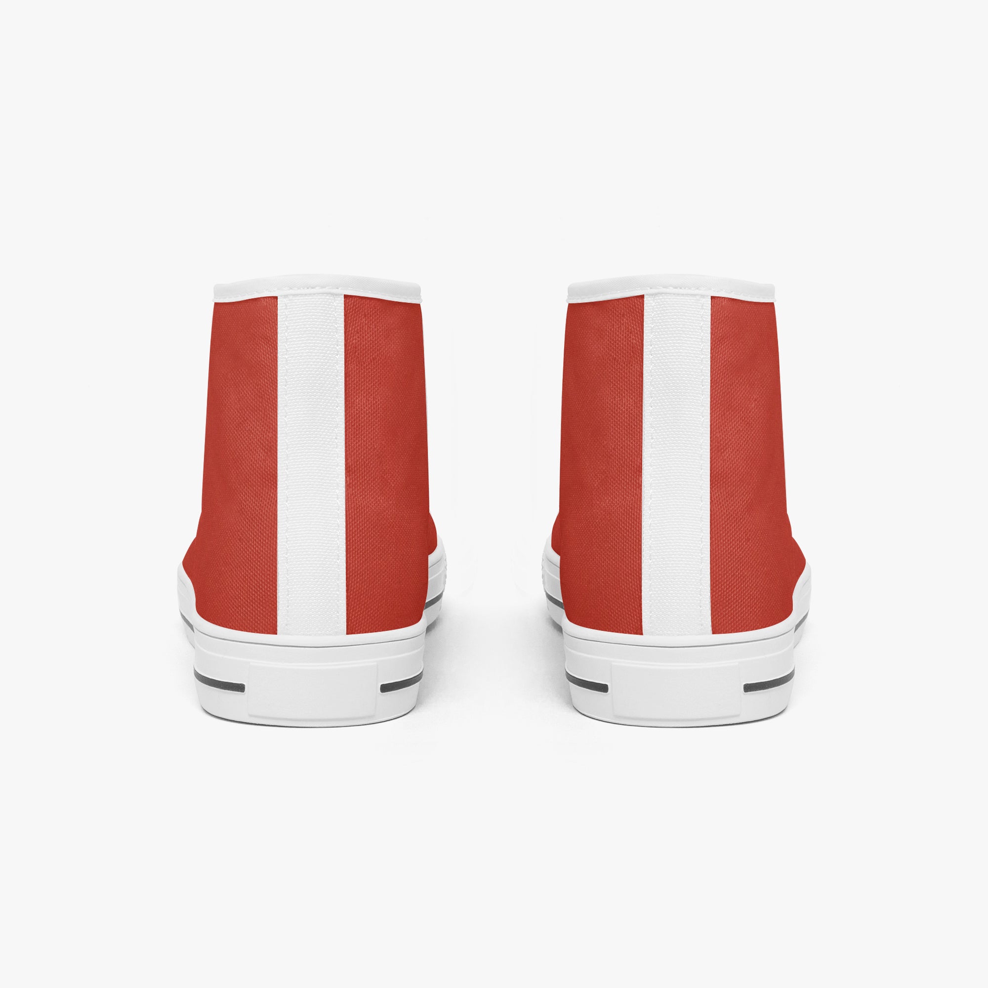 Red high-top canvas sneakers with white vertical stripe and white rubber sole, viewed from back.