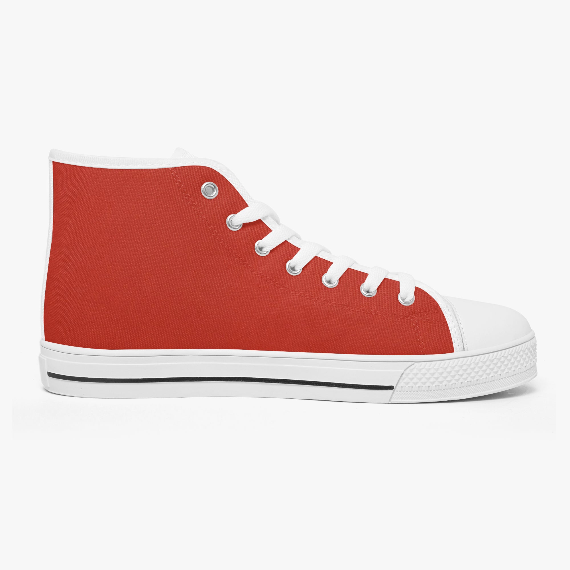 Bold red high-top canvas sneaker with white rubber toe cap and sole.