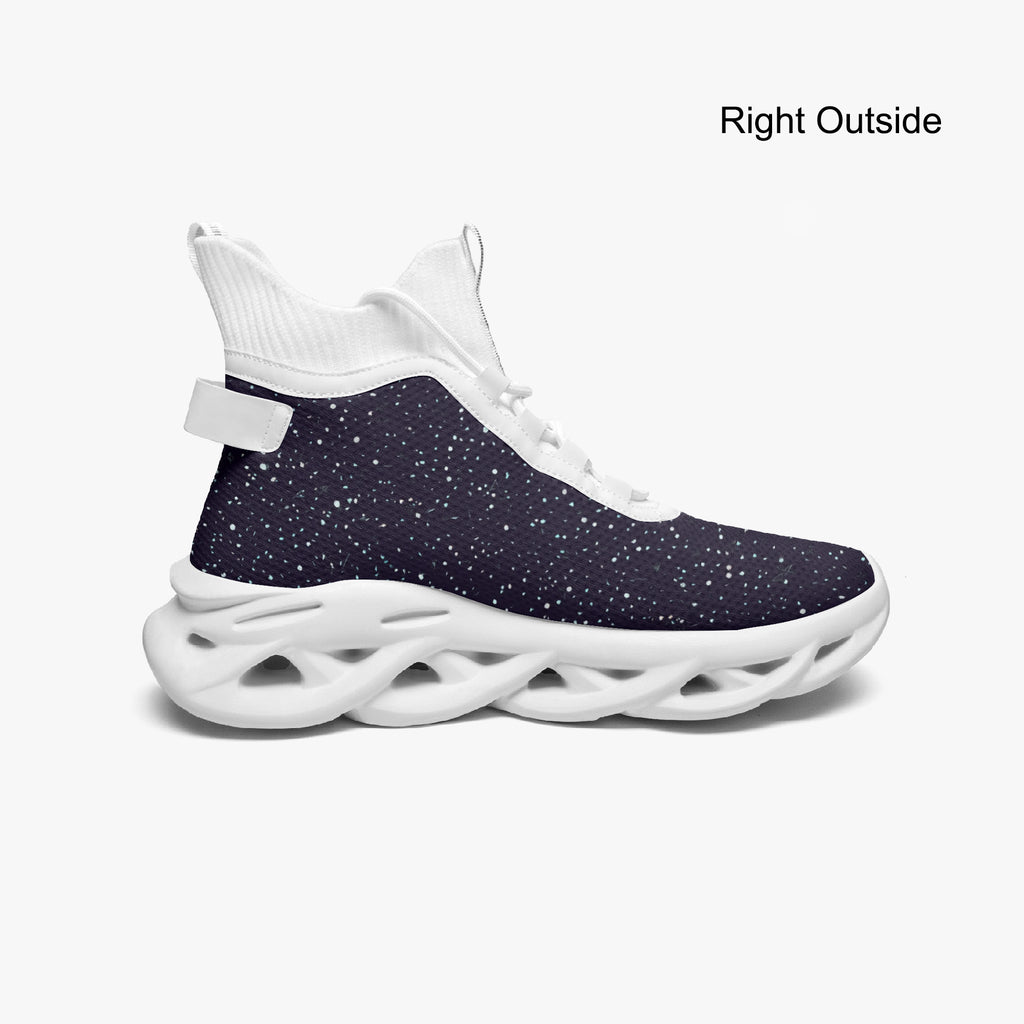 Black high-top sneakers with white speckled mesh knit upper and chunky white sculpted sole.