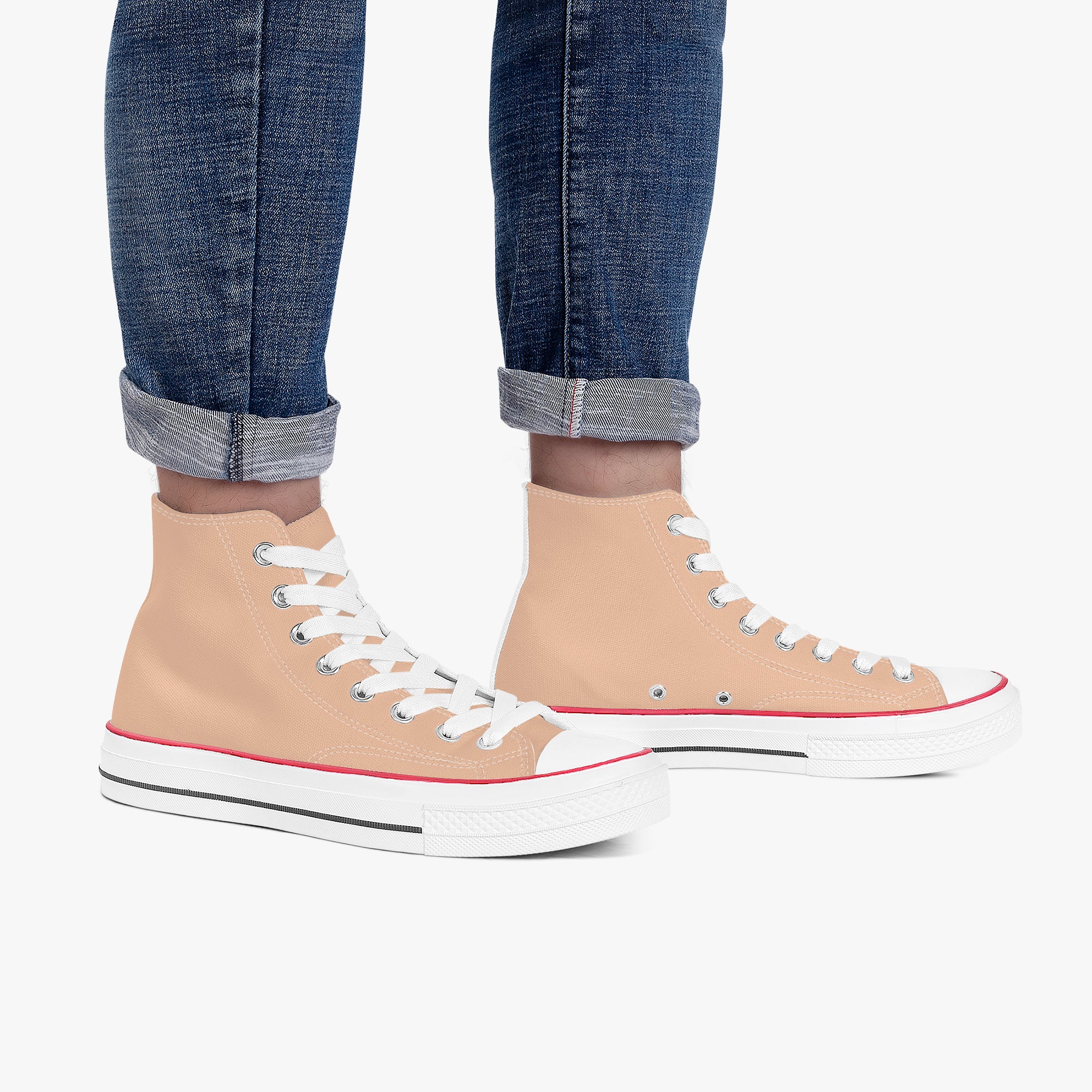 Peach high-top canvas sneakers with white laces and red trim on white platform soles.