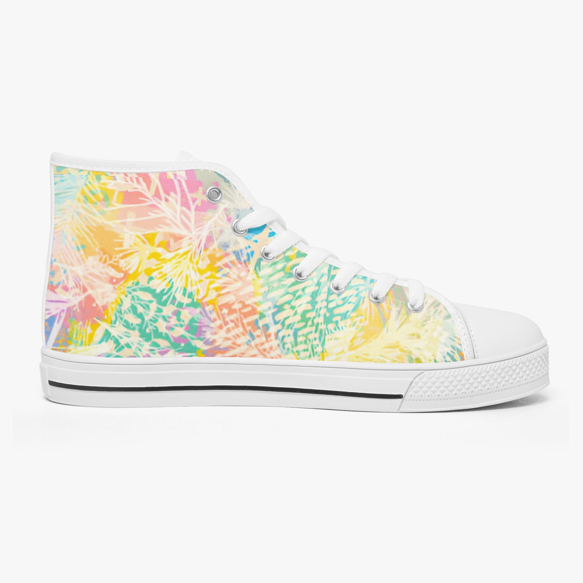 White high-top sneakers with colorful rainbow palm leaf print and white rubber sole.