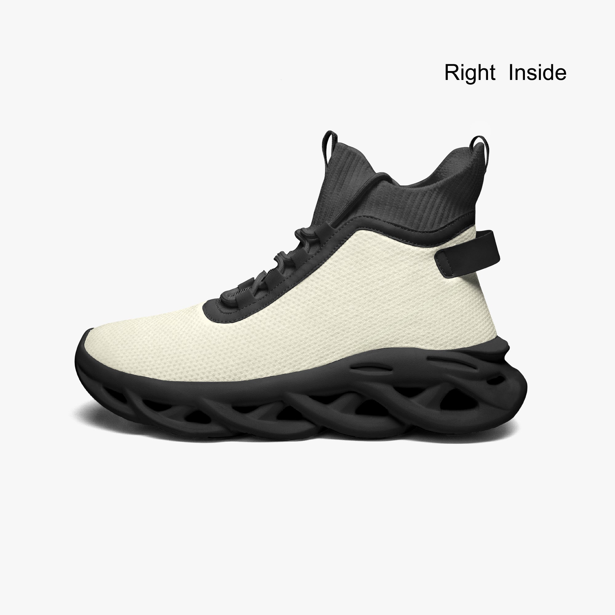 High-top white knit sneaker with black thick lattice sole and black ankle collar.