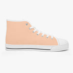 Peach high-top canvas sneaker with white rubber toe cap and sole, white laces, and black stripe detail.