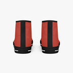 Bold red high-top canvas sneakers with black vertical stripe and black soles shown from the back.