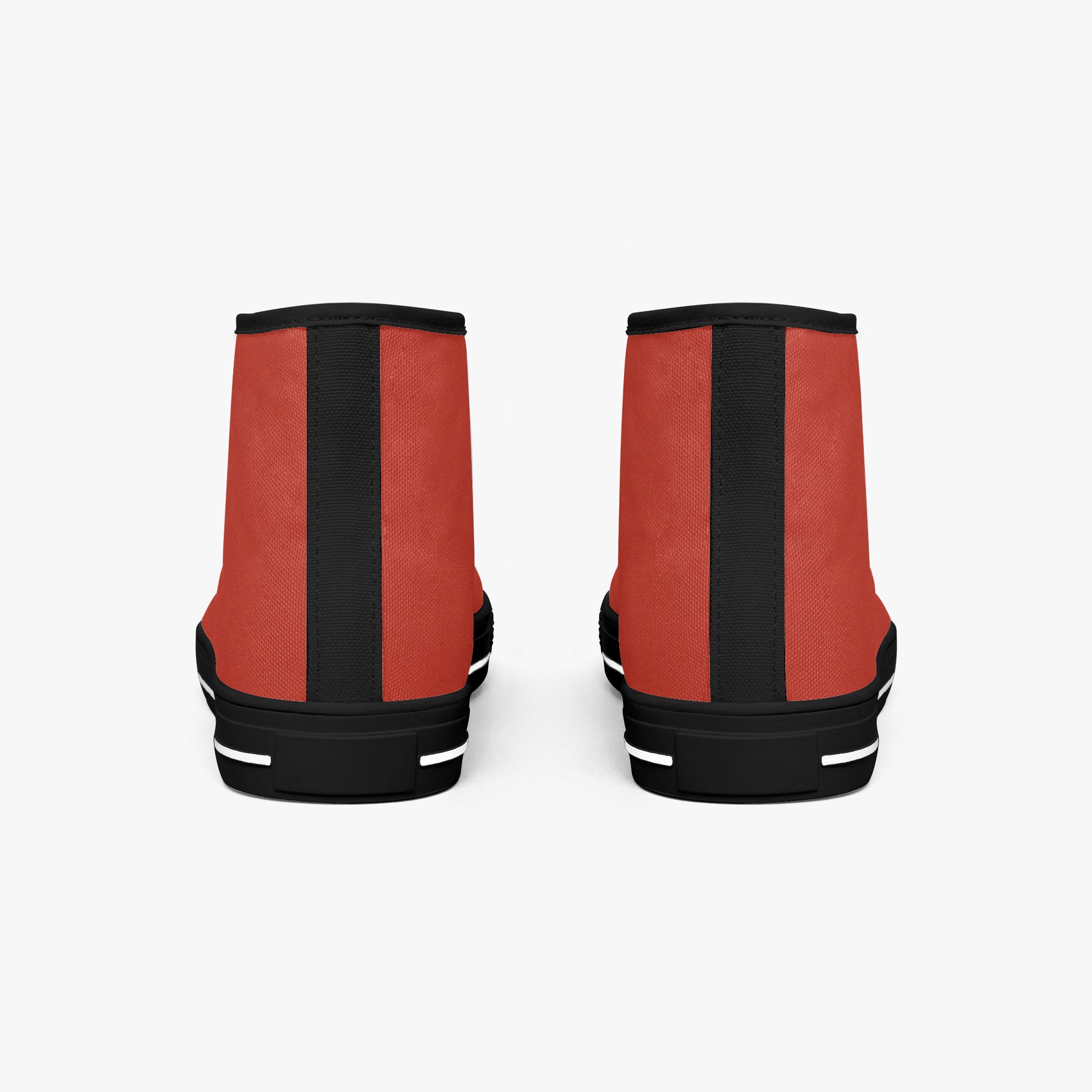 Bold red high-top canvas sneakers with black vertical stripe and black soles shown from the back.