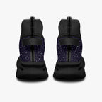 Black high-top sneakers with cosmic white speckle knit upper and solid black sole, rear view.