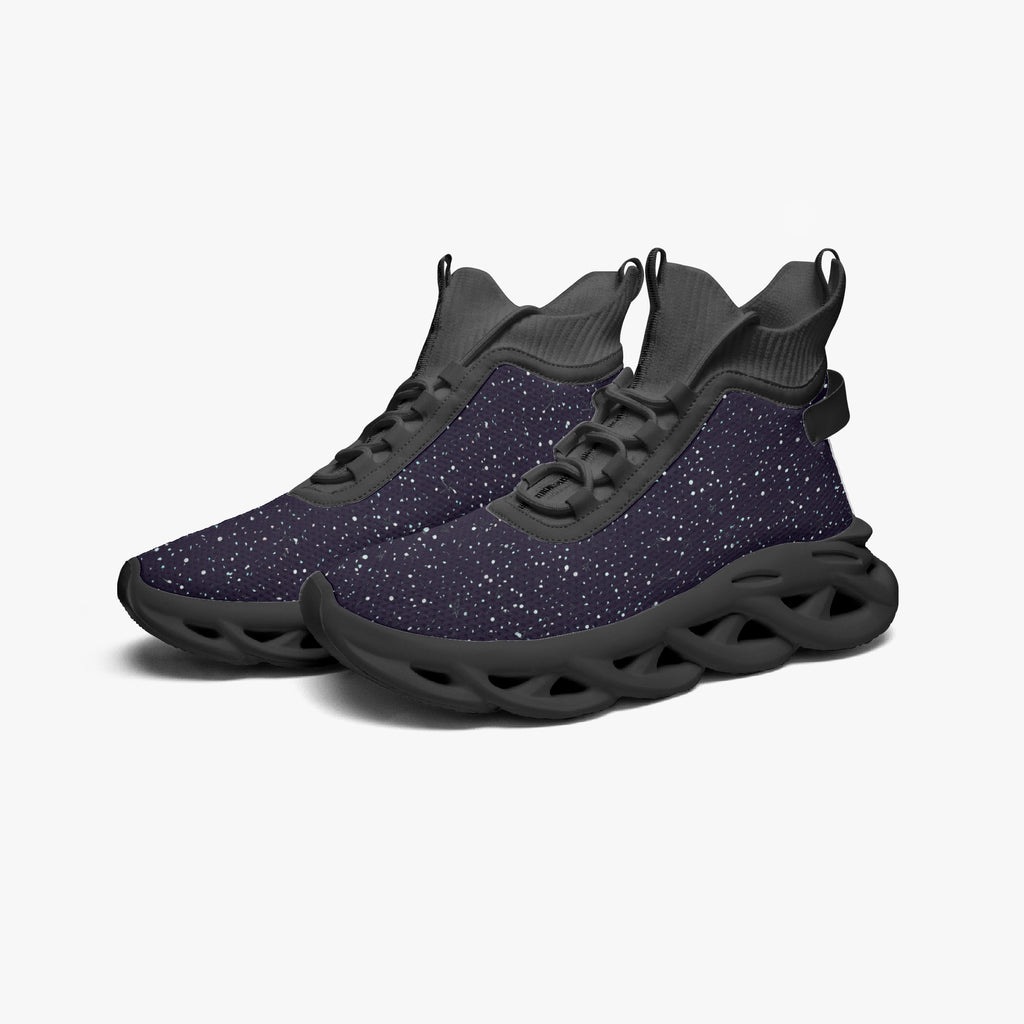 Black high-top mesh knit sneakers with speckled cosmic pattern and chunky sculpted sole.
