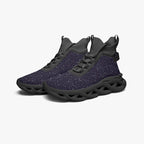 Black high-top mesh knit sneakers with speckled cosmic pattern and chunky sculpted sole.