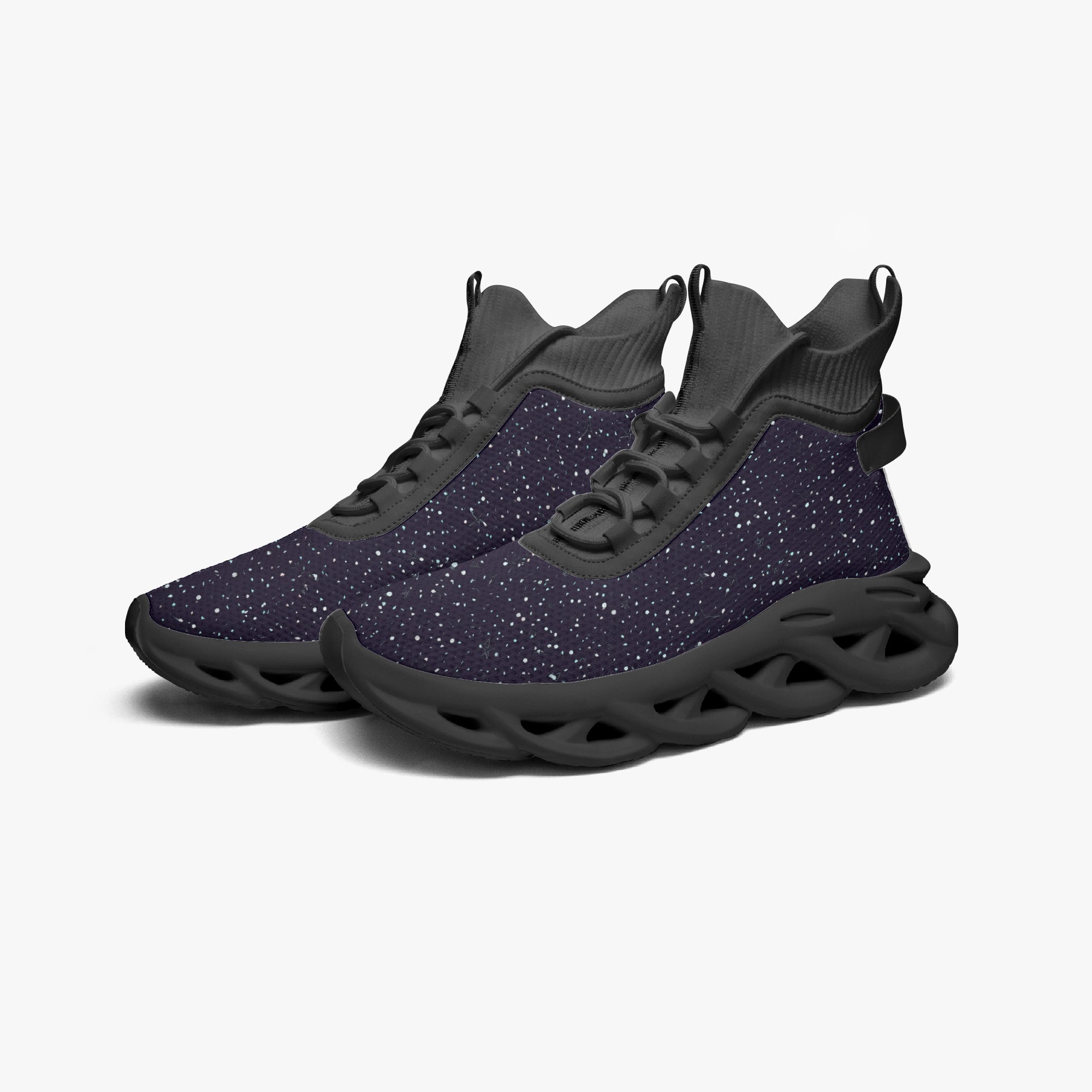 Black high-top mesh knit sneakers with speckled cosmic pattern and chunky sculpted sole.