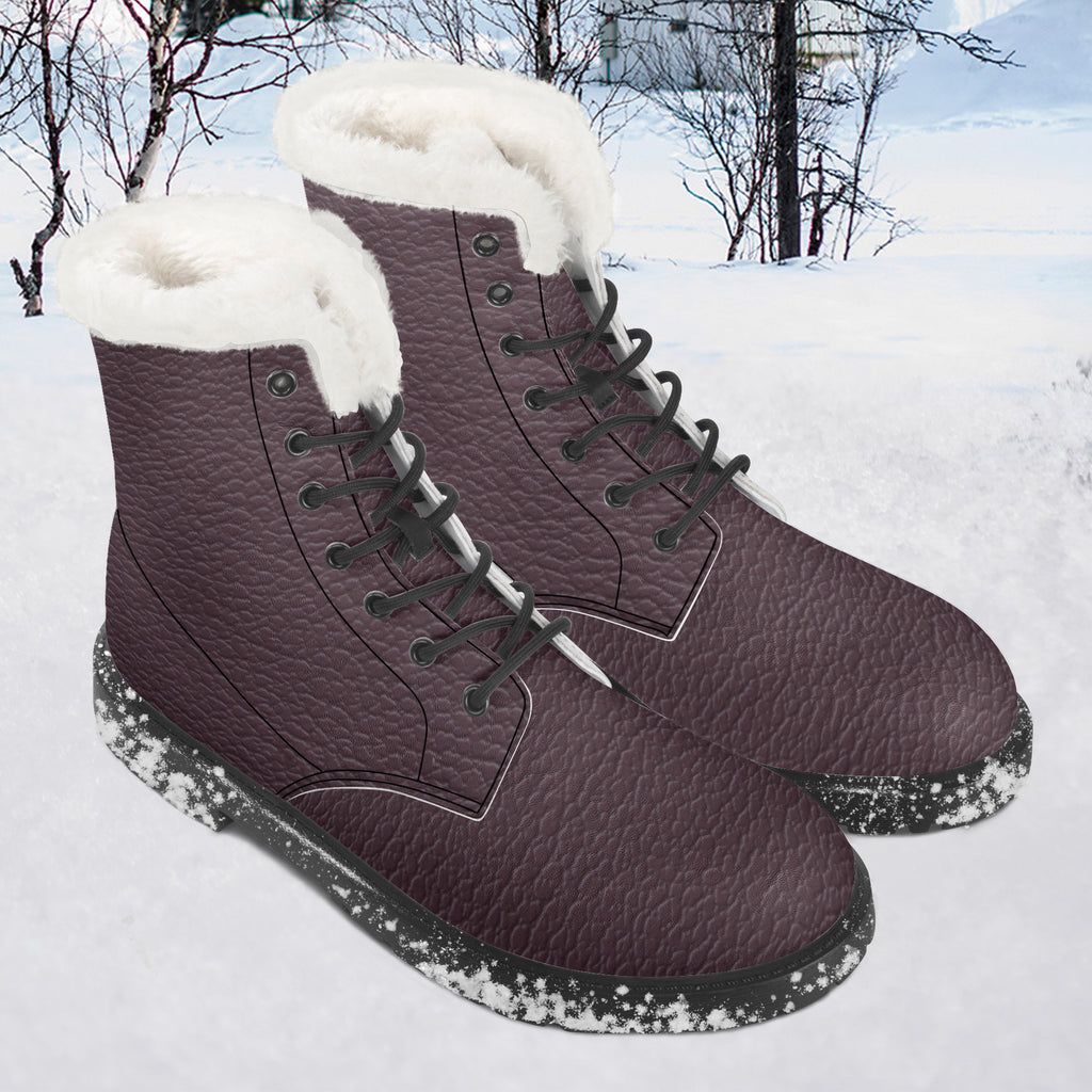 Plum pebbled leather lace-up winter boots with thick white faux fur collar and speckled black and white soles.