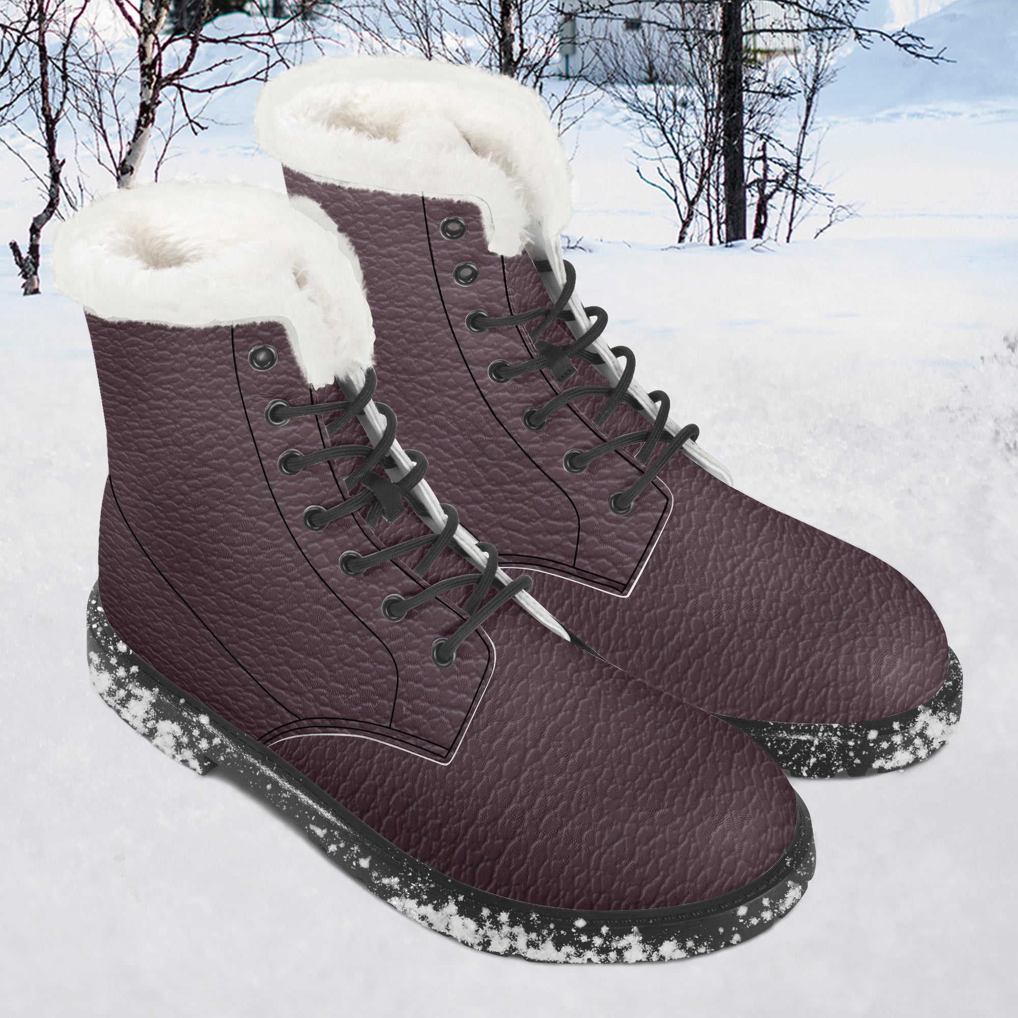 Plum pebbled leather lace-up winter boots with thick white faux fur collar and speckled black and white soles.
