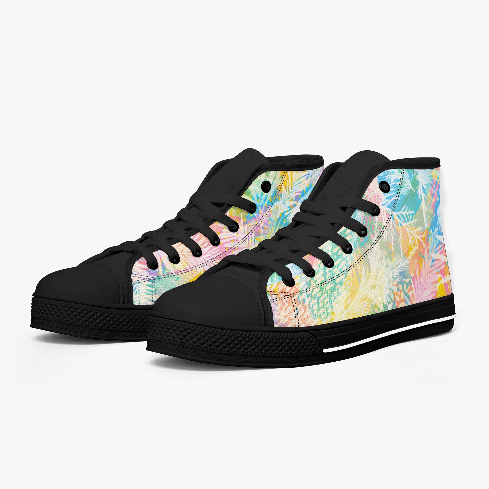 White high-top sneakers with black soles, laces, and toe caps, featuring a multicolor rainbow palm leaf pattern on the sides.