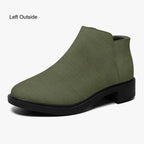 Olive green textured ankle boot with chunky black heel and smooth upper.