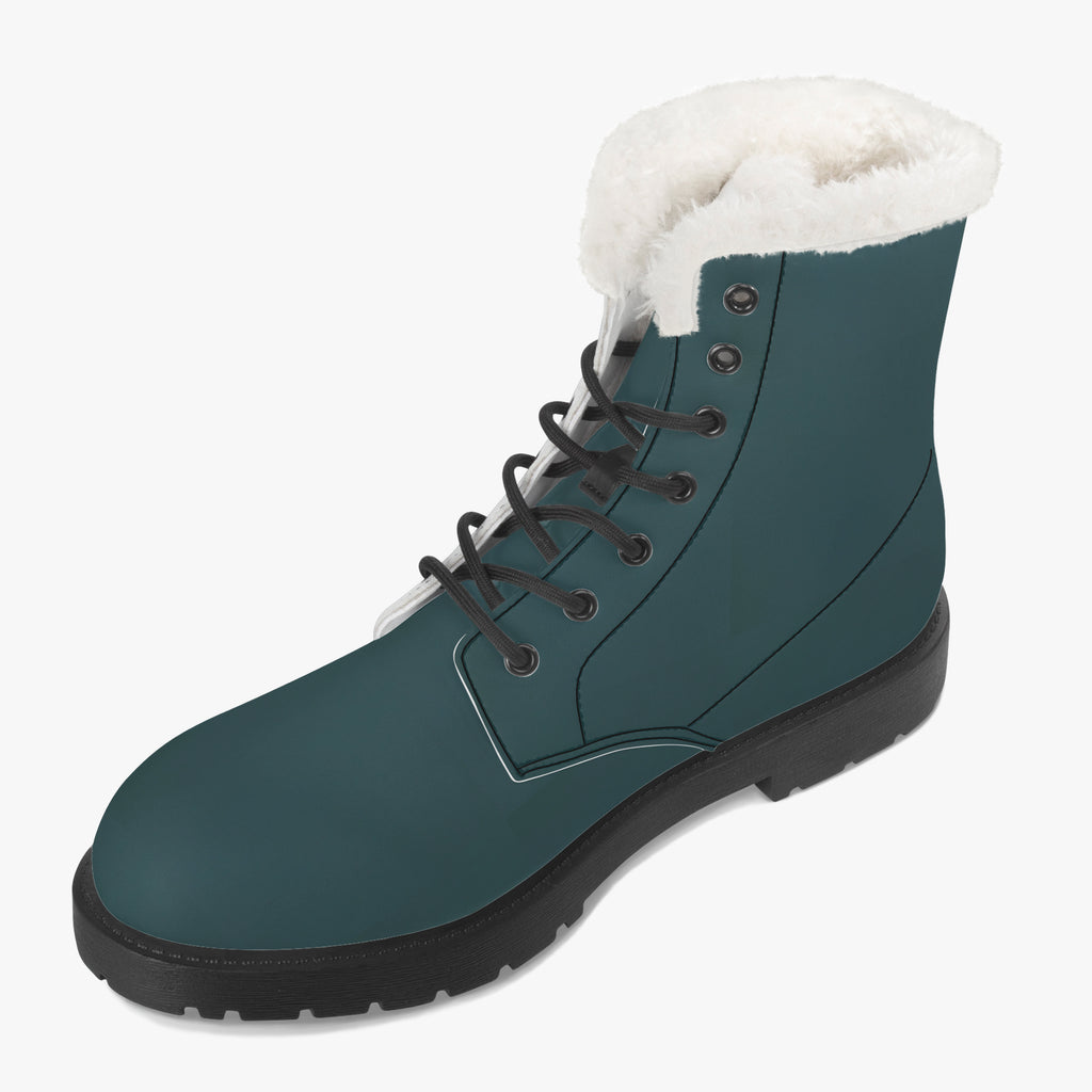 Midnight teal leather lace-up winter boot with plush white faux fur collar and black sole.