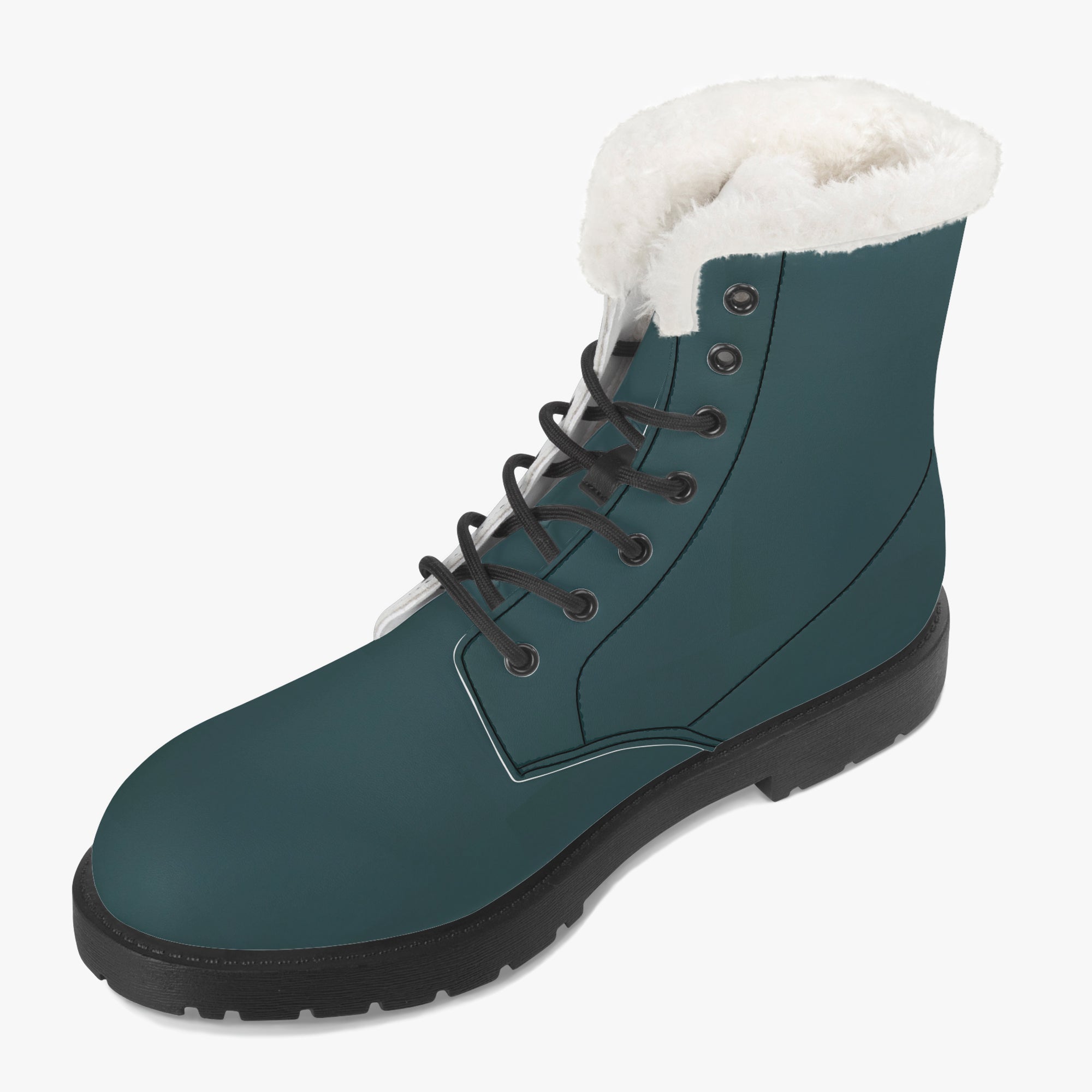 Midnight teal leather lace-up winter boot with plush white faux fur collar and black sole.